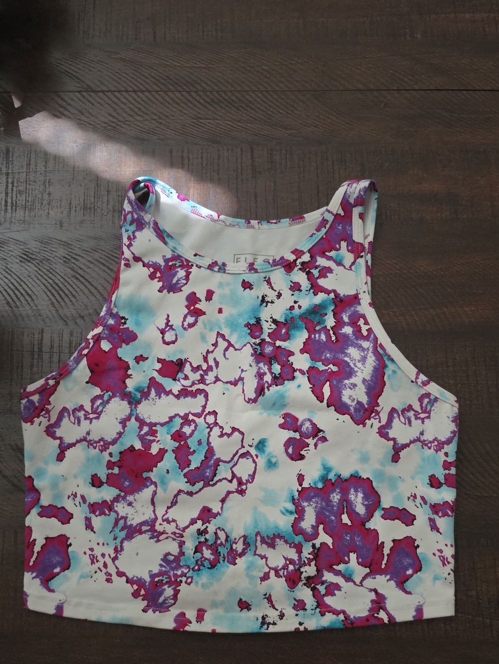Fleo White Crop Tank with Pink & Teal Abstract Print